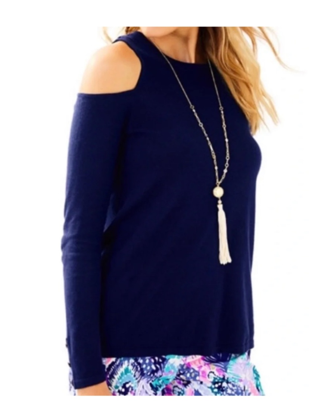 Lilly Pulitzer Navy Blue wool blend knit pullover cold shoulder sweater Size L